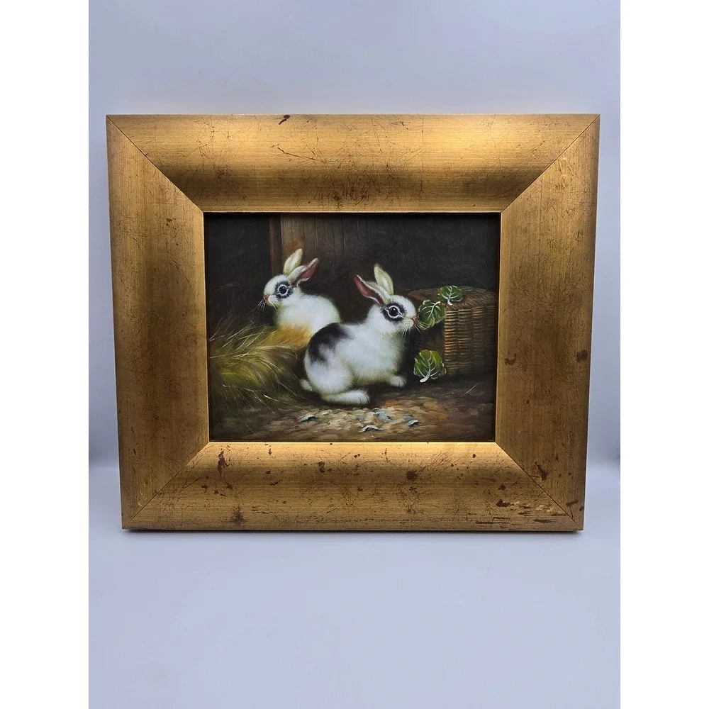 UnSigned Rabbit Oil Painting‎ Art 15x13x1.5 Gold Good Distressed Framed Bunny